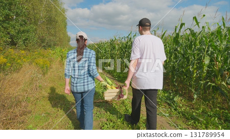 A couple is happily walking together in a beautiful cornfield, carrying a harvest basket 131789954
