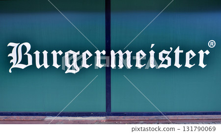 Szczecin, Poland. 16 July 2025. Urban landscape. Sign with the inscription: Burgermeister. Szczecin, Poland. 16 July 2025. Urban landscape. Sign with the inscription: Burgermeister. 131790069