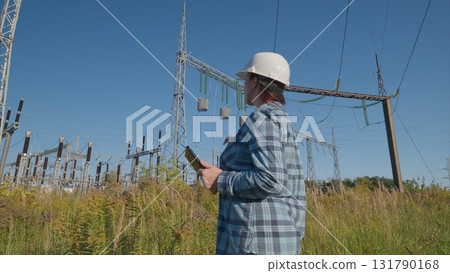 Experienced Engineer Analyzing Complex Data in a Power Substation Working Environment 131790168