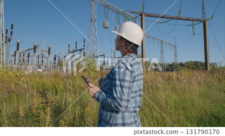 A worker in safety gear at an electrical substation ensures safety and compliance A worker in safety gear at an electrical substation ensures safety and compliance 131790170