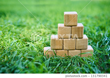Pyramid of blank wooden cubes with copy space on fresh green grass 131790341