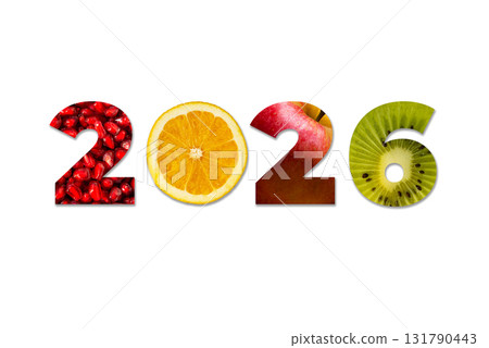 Fresh 2026 typography created from fruit slices like orange, strawberry, and kiwi on white background. Fresh 2026 typography created from fruit slices like orange, strawberry, and kiwi on white background. 131790443