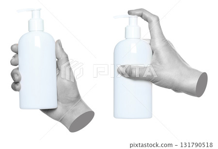Set of gray hand contemporary art style holding soap dispenser bottle, isolated on transparent background 131790518