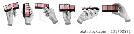Set of gray hand contemporary art style holding eyeshadow palette isolated on transparent background 131790521