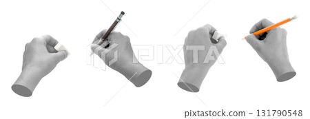 Set of gray hands contemporary art style holding pencil and eraser isolated on transparent background Set of gray hands contemporary art style holding pencil and eraser isolated on transparent background 131790548