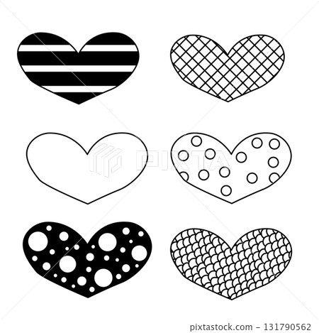 Set of six hand drawn heart. Isolated. Vector graphic line illustration. Handdrawn rough marker hearts isolated on white background. Vector illustration for your graphic design 131790562