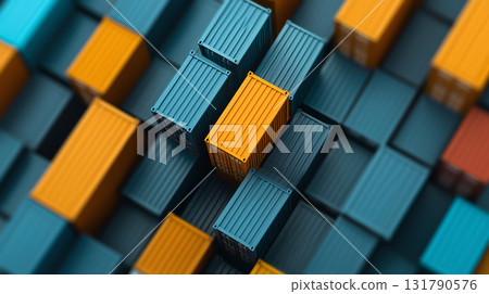 Colorful shipping containers stacked in warehouse or port setting 131790576
