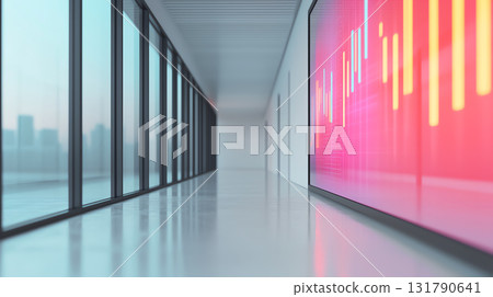 Modern office corridor with glass walls and vibrant digital display Modern office corridor with glass walls and vibrant digital display 131790641