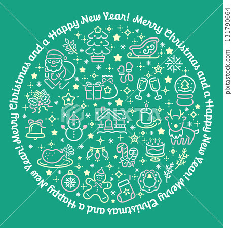 聖誕圓形標誌設計：線條圖示插圖，周圍有文字 131790664
