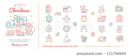 向量插圖集可愛的聖誕線圖示和表情符號：聖誕樹、聖誕老人等。 131790668