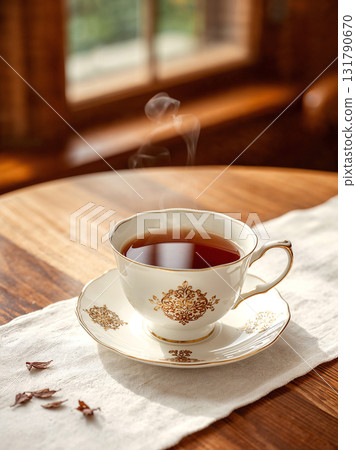 A cup of hot black tea with steam in an elegant vintage porcelain teacup, served on a wooden table by a window in the warm morning sunlight. 131790670