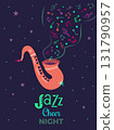 Winter Holidays Christmas Jazz Night Cheer vector poster. Saxophone, musical notes design element illustration. Christmas season Holiday joyful celebration, live music concert performance background 131790957