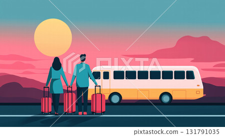 Traveling couple with luggage waiting for shuttle at sunset 131791035