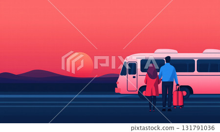 couple holding hands with luggage near bus at sunset 131791036