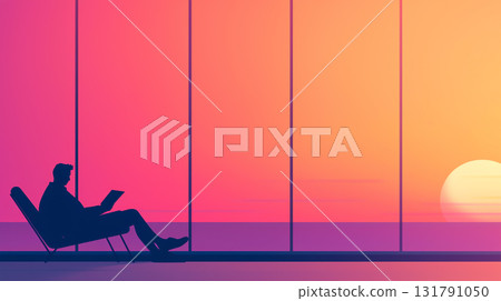 traveler relaxing in modern lounge, enjoying sunset view traveler relaxing in modern lounge, enjoying sunset view 131791050