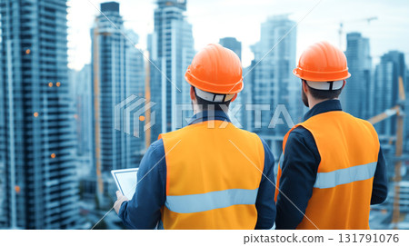 Construction workers observing city skyline with tablet in hand Construction workers observing city skyline with tablet in hand 131791076