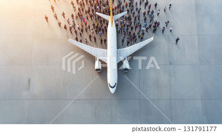 Passengers boarding plane from overhead view, showcasing excitement 131791177