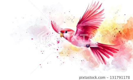 vibrant pink bird soaring through colorful watercolor sky 131791178