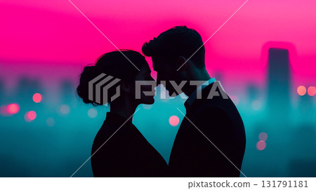 Romantic couple embracing in front of vibrant cityscape at sunset Romantic couple embracing in front of vibrant cityscape at sunset 131791181