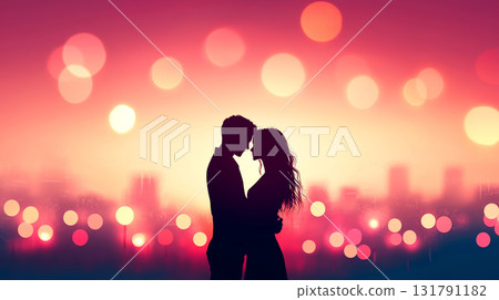 Romantic couple embracing in front of vibrant cityscape at sunset Romantic couple embracing in front of vibrant cityscape at sunset 131791182