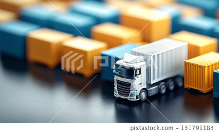 miniature truck transporting colorful shipping containers in busy scene miniature truck transporting colorful shipping containers in busy scene 131791183