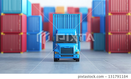 Blue truck with shipping containers in busy distribution center 131791184