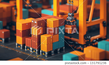 Stacked cargo containers at busy port with cranes in action 131791236