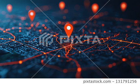 Digital map with location markers and illuminated pathways 131791256