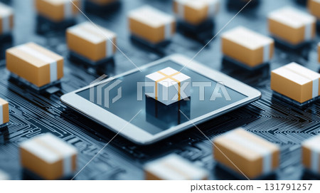 Digital tablet displaying package on circuit board background 131791257