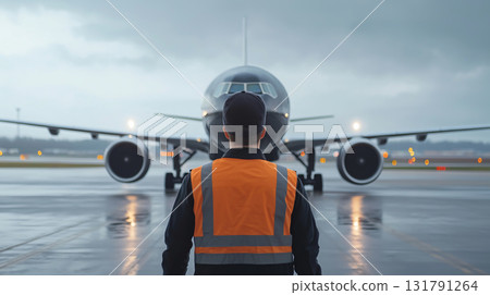 Airport worker in safety vest facing airplane on runway during cloudy weather 131791264