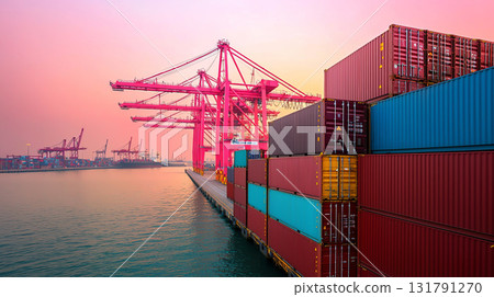 Cargo containers stacked at busy port with cranes and sunset hues 131791270
