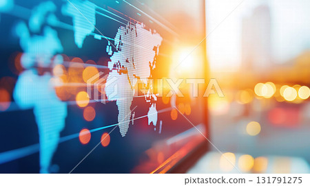 Close up of computer screen displaying world map with glowing lights Close up of computer screen displaying world map with glowing lights 131791275