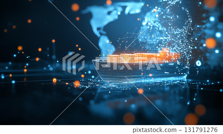 Digital shipping concept with cargo ship and global map visualization 131791276