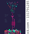 Christmas Holiday Music colorful vector poster template. Winter Season Holidays Live Music event. Piano, trumpet cartoon illustration. Christmas Tunes, Festive Night celebration performance background 131791285