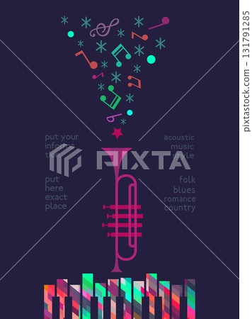 Christmas Holiday Music colorful vector poster template. Winter Season Holidays Live Music event. Piano, trumpet cartoon illustration. Christmas Tunes, Festive Night celebration performance background 131791285