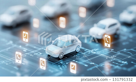 Digital car model on tech background with mobile icons and connectivity 131791332