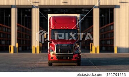 Red truck parked at distribution center with spacious background 131791333