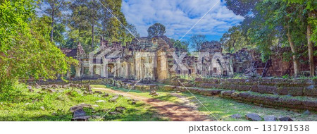 Panoramic view of Ta Prohm temple ruins in Angkor Cambodia Panoramic view of Ta Prohm temple ruins in Angkor Cambodia 131791538
