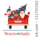 Brunch with Santa Festive Holiday comic vector poster. Santa deliver pancakes by red truck. Funny breakfast Christmas kids enjoy. New Year eve festive menu invitation background cartoon illustration 131791562