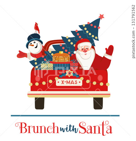 Brunch with Santa Festive Holiday comic vector poster. Santa deliver pancakes by red truck. Funny breakfast Christmas kids enjoy. New Year eve festive menu invitation background cartoon illustration Brunch with Santa Festive Holiday comic vector poster. Santa deliver pancakes by red truck. Funny breakfast Christmas kids enjoy. New Year eve festive menu invitation background cartoon illustration 131791562