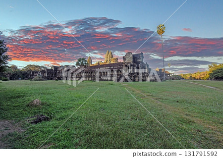 Angkor Wat temple complex under red sunset Cambodia 131791592