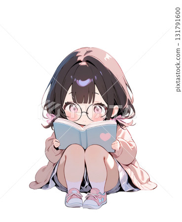 一個小女孩讀一本圖畫書的插圖 131791600