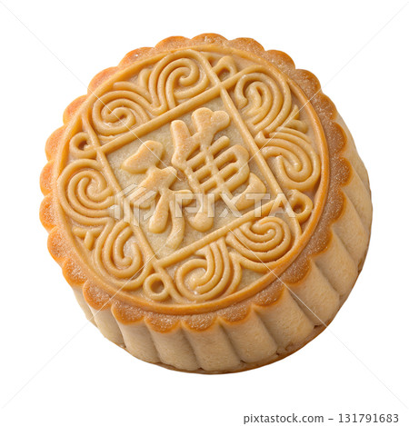 Traditional chinese mooncake with ornate character imprint on top, golden brown pastry for mid-autumn festival isolated on transparent background 131791683
