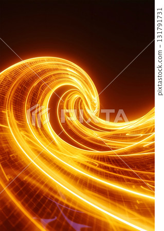 Dynamic abstract artwork featuring swirling yellow and orange light trails against a dark background. The composition resembles a wave or vortex, created by elongated, curved beams that overlap 131791731