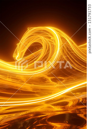 Dynamic abstract artwork featuring swirling yellow and orange light trails against a dark background. The composition resembles a wave or vortex, created by elongated, curved beams that overlap 131791733