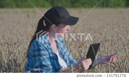 A young woman is using a tablet in the midst of a serene wheat field during summer days 131791778
