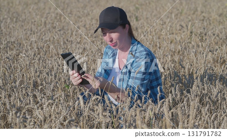 A person is using a tablet while standing in a beautiful oat field during daylight hours A person is using a tablet while standing in a beautiful oat field during daylight hours 131791782