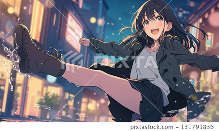 美麗的動漫女孩享受雨後的夜晚。一個穿著靴子的微笑女孩在鎮上散步 131791836