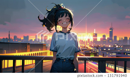 一位女士站在城市建築的背景中 131791940