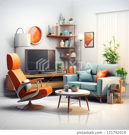 Vintage interior of the living room with an armchair, TV, floor lamp, chest of drawers. 3D illustration. 131792019